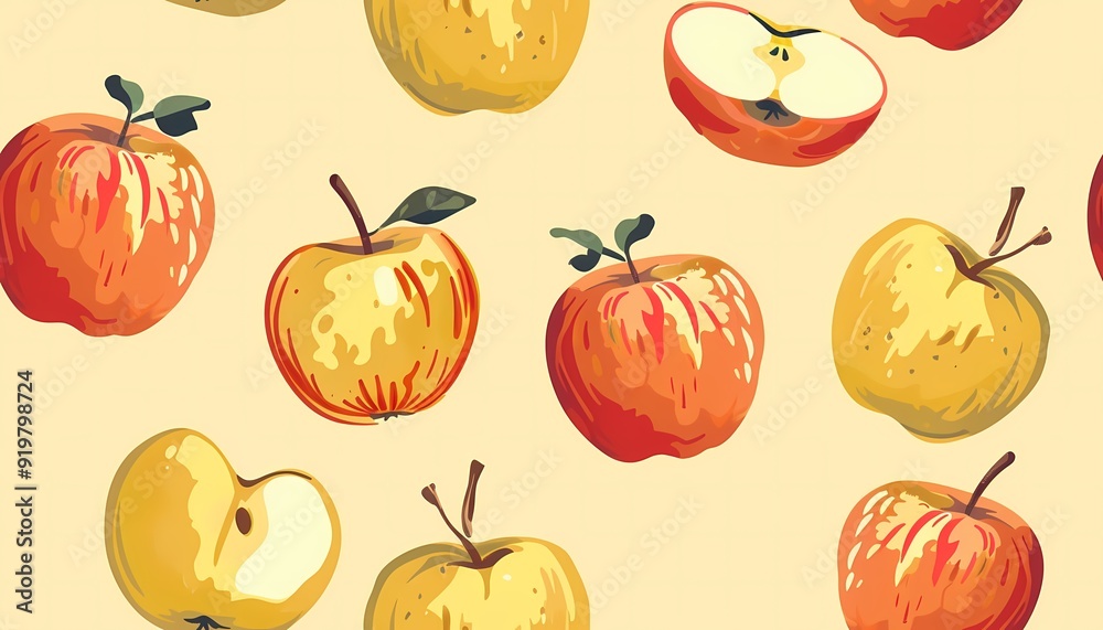 Colorful apples pattern. Illustration depicts a seamless pattern of red and yellow apples. Colorful apples pattern. Illustration depicts a seamless pattern of red and yellow apples.