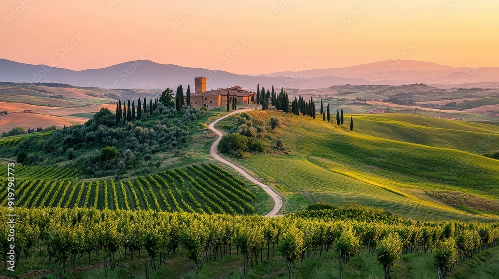 Naklejka premium Serene countryside landscape with rolling hills and cypress trees at sunset