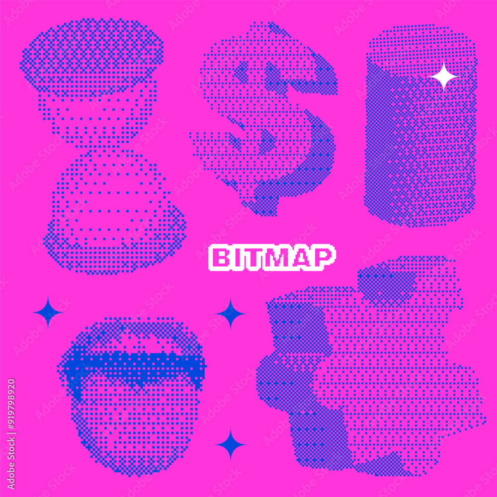 Universal trendy pixel textured geometric bright bold 3d shapes set. Collection of different bitmap graphic elements - mouth, dollar, cylinder, puzzle and hourglass. 80s vector elements for collage.