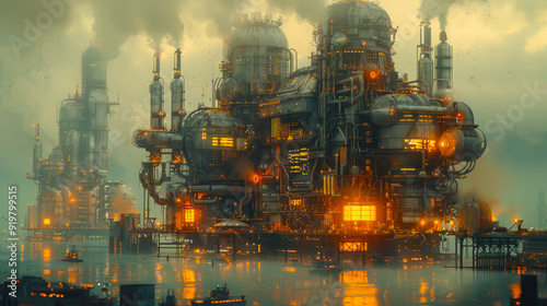 Industrial Complex at Dusk with Advanced Technology and Steampunk Aesthetics, Emitting Smoke and Orange Glows Over Water Surface