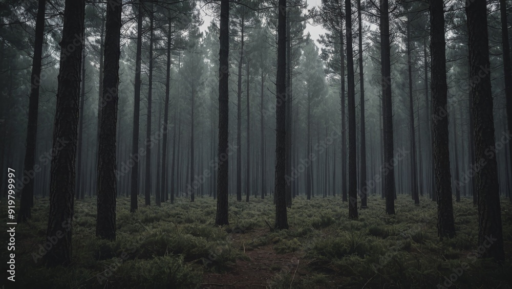 Fototapeta premium Mystical Pine Forest in Dramatic Twilight