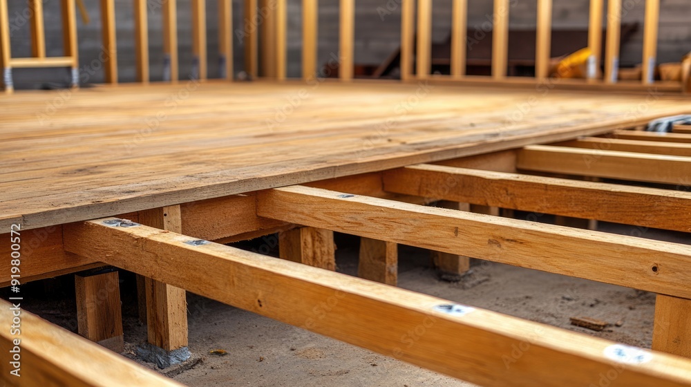Deck Installation. Wood Decking Construction with Carpenter's Tools and Equipment Deck Installation. Wood Decking Construction with Carpenter's Tools and Equipment