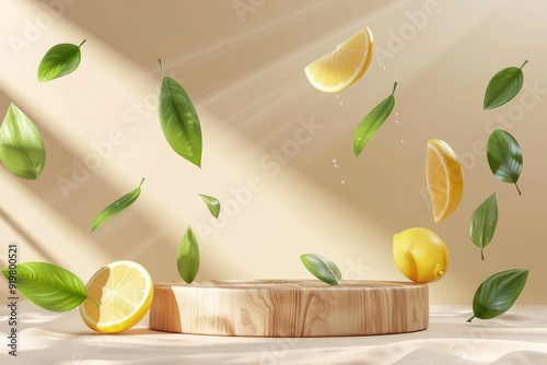 Wooden podium for product demonstration, cosmetics and flying lemons, green leaves on beige background with sun glare. Stage for advertising natural eco product with vitamin C, mockup photo