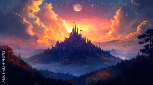 Enchanting Fairytale Castle on Hill at Sunset with Fantasy Landscape and Mystical Twilight Sky