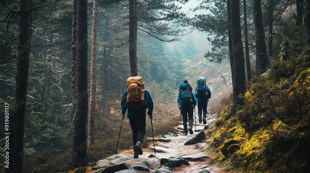 Obraz premium Trekkers navigating a rocky path through dense pine woods
