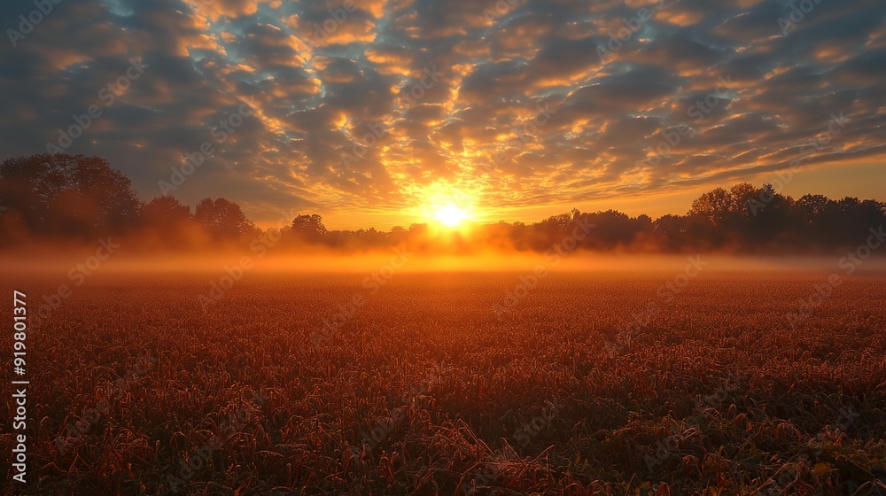a field with a foggy sky and trees in the background at sunset a field with a foggy sky and trees in the background at sunset