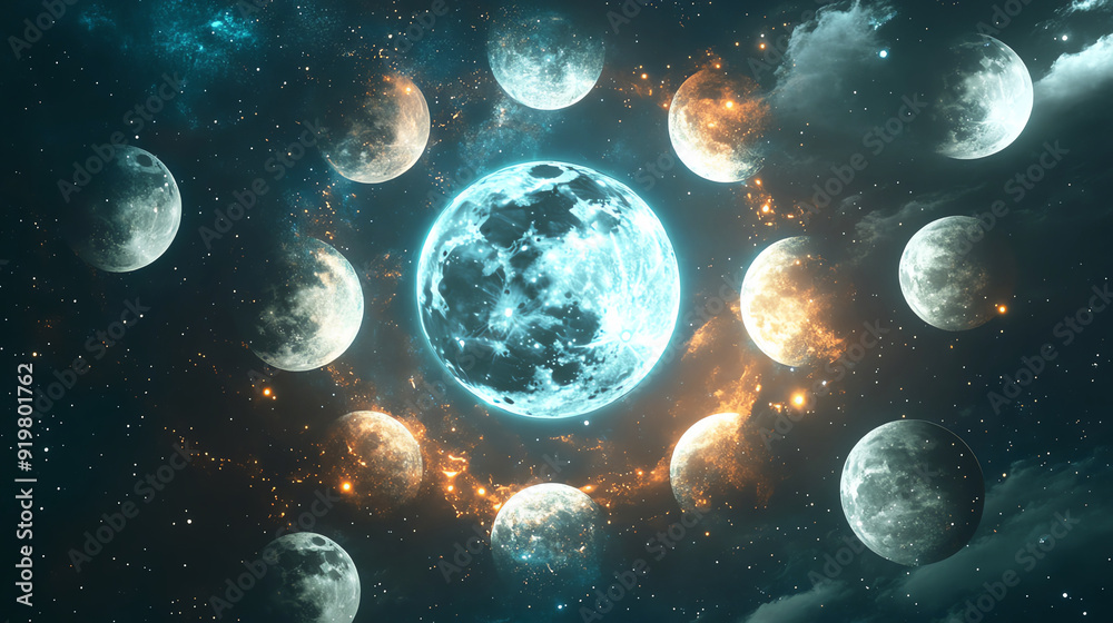 Nine glowing moons are spinning in a circle, creating a lunar carousel for all the space creatures Nine glowing moons are spinning in a circle, creating a lunar carousel for all the space creatures