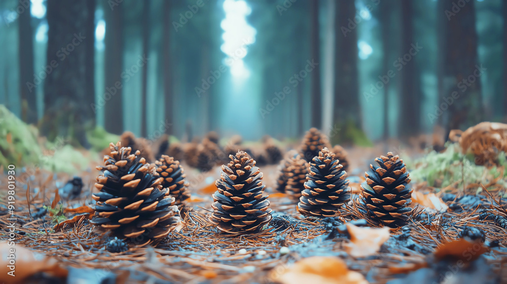 Pine cones scattered on a forest floor, emphasizing the cycle of nature Pine cones scattered on a forest floor, emphasizing the cycle of nature