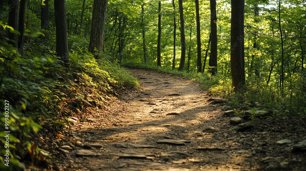 Fototapeta premium Rugged terrain of a forest trail, challenging and inviting adventure seekers