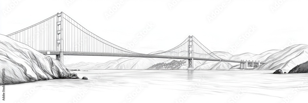 Golden Gate Bridge Drawing. Modern City Landscape Sketch with Architectural Perspective