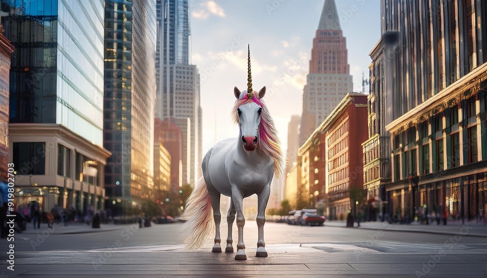 Obraz premium Urban Unicorns- A unicorn in a modern city setting, perhaps standing in front of skyscrapers or wandering down a busy street, blending fantasy with reality