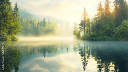 Calm forest lake with a misty morning atmosphere, promoting tranquility