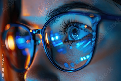 Close-up of a woman's eye with glasses reflecting blue light. photo