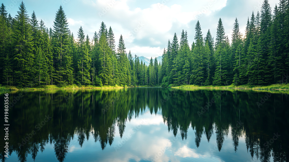 Evergreen pine forest reflected in a tranquil lake, capturing serene symmetry Evergreen pine forest reflected in a tranquil lake, capturing serene symmetry