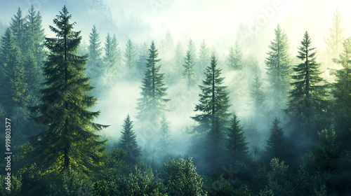 Evergreen pines cloaked in morning mist, creating a mystical forest scene photo