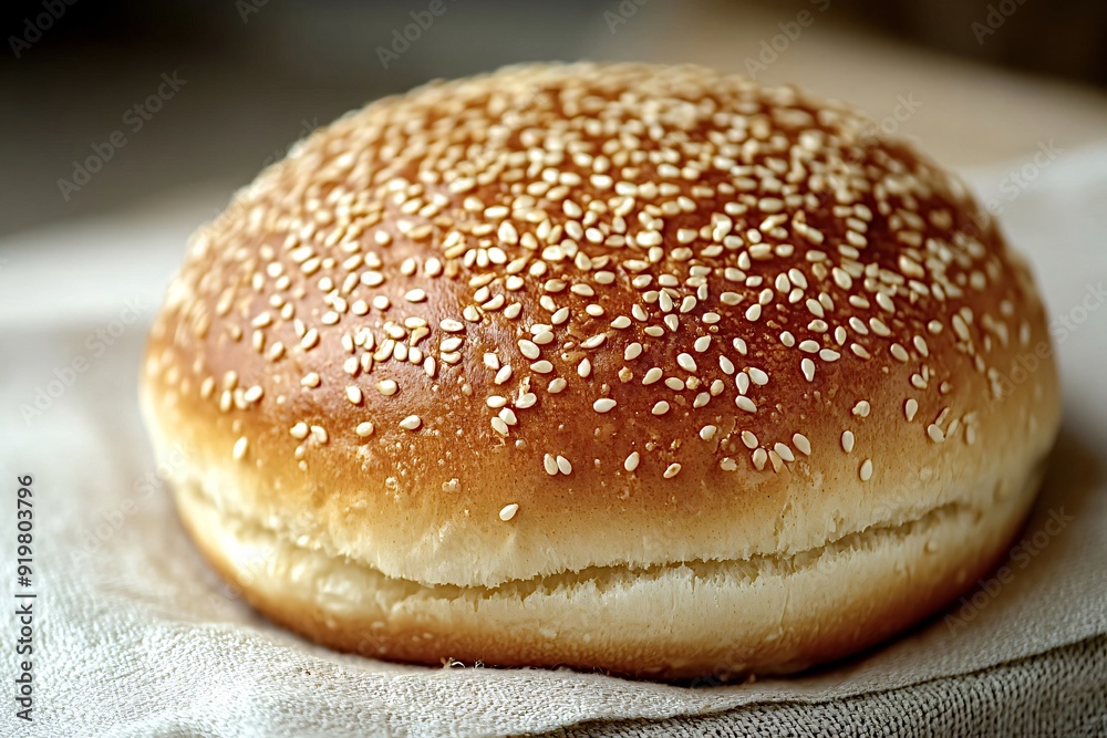Freshly baked sesame seed bun is resting on a linen cloth, ready to be enjoyed Freshly baked sesame seed bun is resting on a linen cloth, ready to be enjoyed