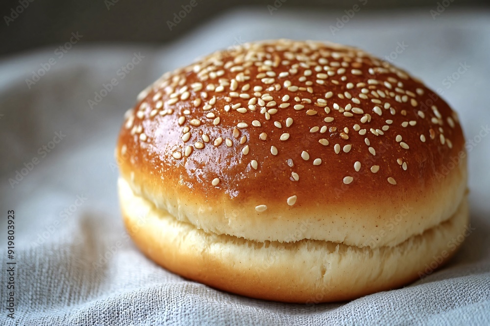 Freshly baked sesame seed bun is resting on a cloth, showcasing its golden brown color and inviting texture Freshly baked sesame seed bun is resting on a cloth, showcasing its golden brown color and inviting texture