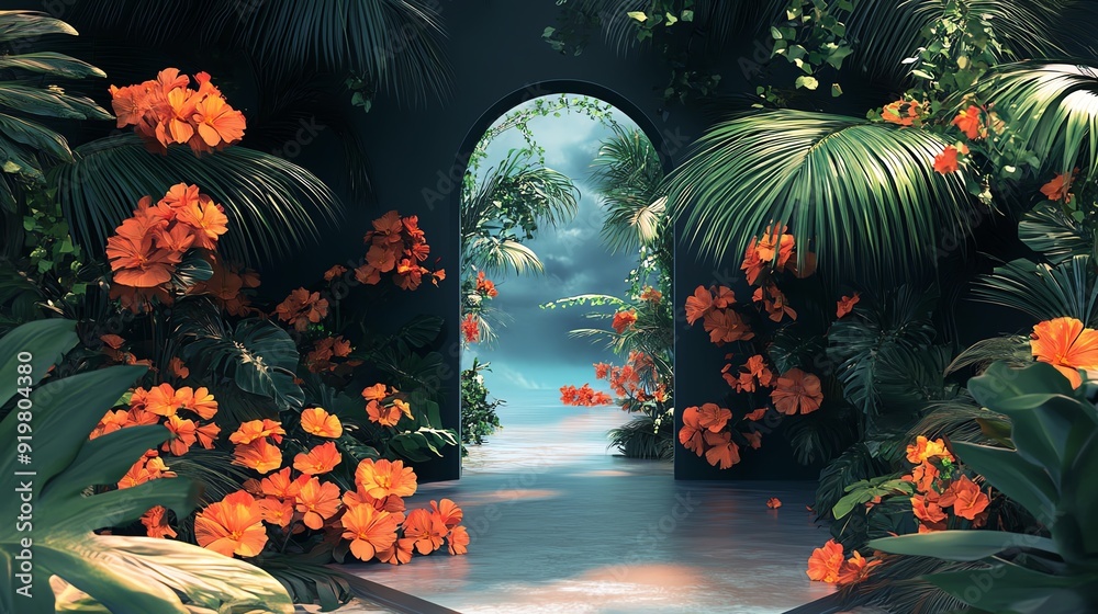 Digital archway with tropical flowers and palm leaves, evoking a paradise island vibe