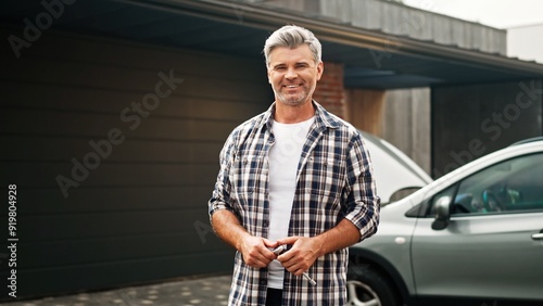 Portrait of handsome Caucasian man with grey hair seriously looking at camera while holding spanner or tool. Adult engineer getting ready to repair broken car. Auto service concept.