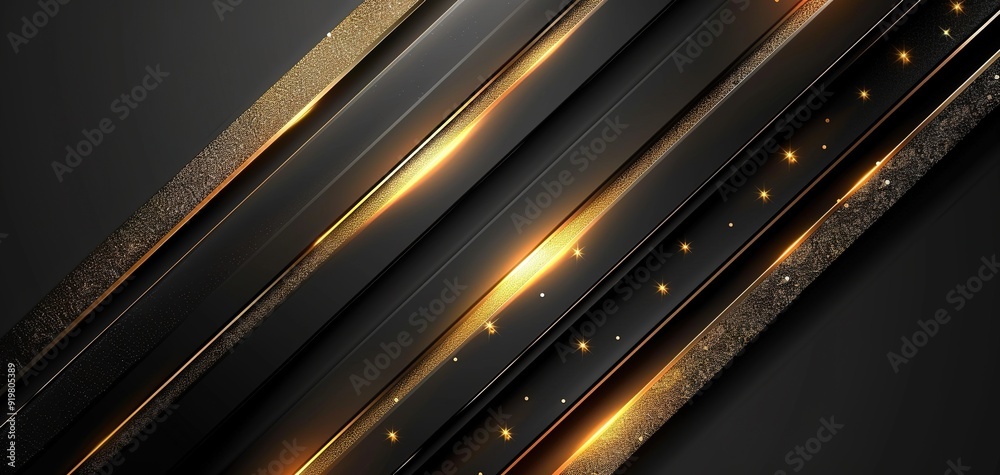 Abstract black and gold diagonal stripes with glitter and glowing lights.