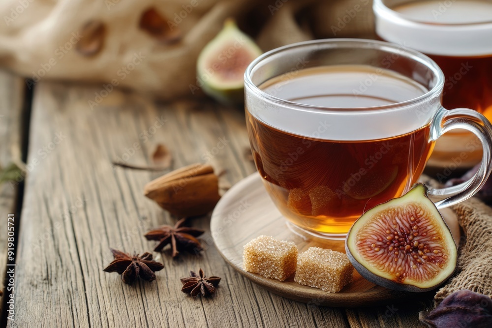 Brown Sugar And Fig. Cup of Brewed Tea with Milk on Wooden Table with Aromatic Anise and Cinnamon Brown Sugar And Fig. Cup of Brewed Tea with Milk on Wooden Table with Aromatic Anise and Cinnamon
