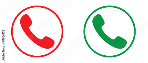Phone call icon. Calling Phone Answer Decline Button set. Accept and reject Phone call buttons,  Green, red buttons vector, icon set. Symbol of incoming and outgoing buttons. ,  Vector Illustration.