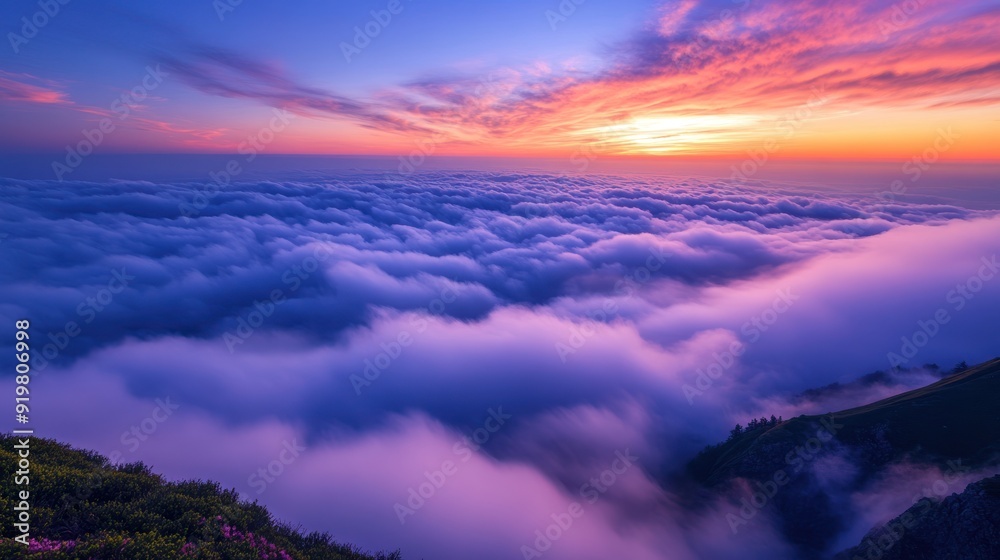 Fototapeta premium Majestic Sunrise Above the Clouds in Mountain Range - Breathtaking aerial view of a sunrise casting vibrant hues over a sea of clouds and distant mountain peaks. Perfect for nature lovers.