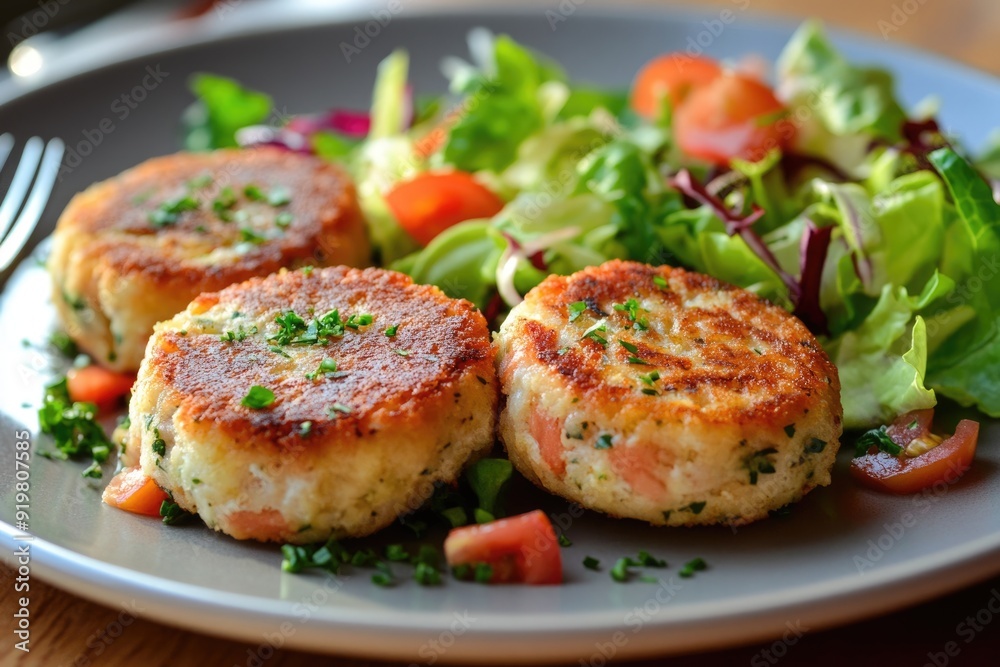 Tuna Cakes. Savoury Fish Patty Served with Salad - Ideal Snack or Light Meal Tuna Cakes. Savoury Fish Patty Served with Salad - Ideal Snack or Light Meal