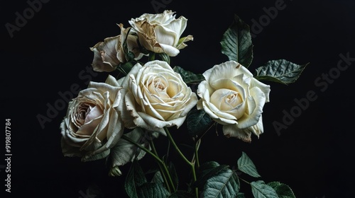Bouquet of wilted white roses on a black background. AI generated.