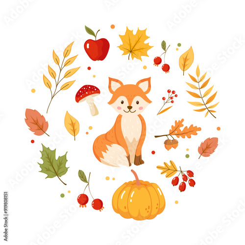 Cute cartoon fox and other autumn elements vector illustration