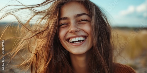 Woman with long brown hair smiling