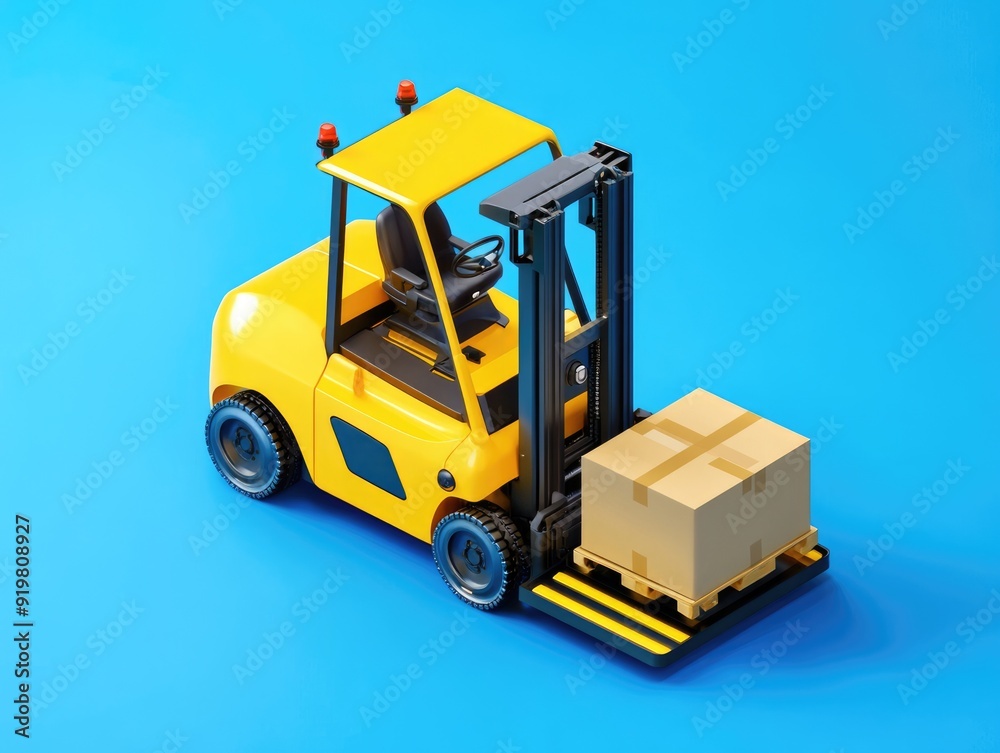 Forklift Isometric. Three-dimensional Arm Automation with Autonomous Electric Forklift on Blue Background Forklift Isometric. Three-dimensional Arm Automation with Autonomous Electric Forklift on Blue Background