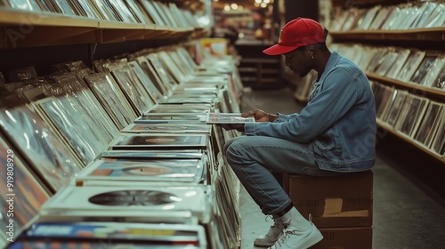 Young person browsing vinyl records in a retro music store during the evening
