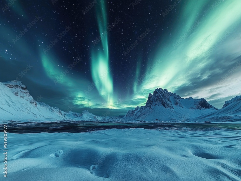 Naklejka premium Aurora borealis over snowy landscape