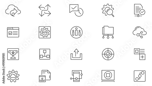 Branding line icon set. Containing marketing, product, brand value, design, logo, brand development, social media, advertising Outline icon collection. UI thin line icon pack.