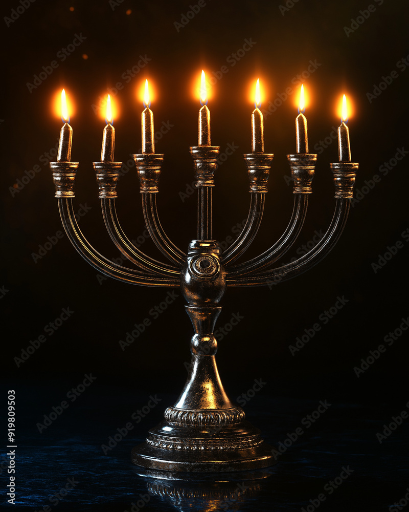 Fototapeta premium Antique Menorah with Glowing Candles in Dark, Elegant Ambiance