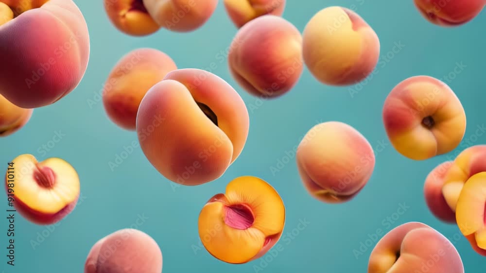A bunch of peaches are flying through the air
