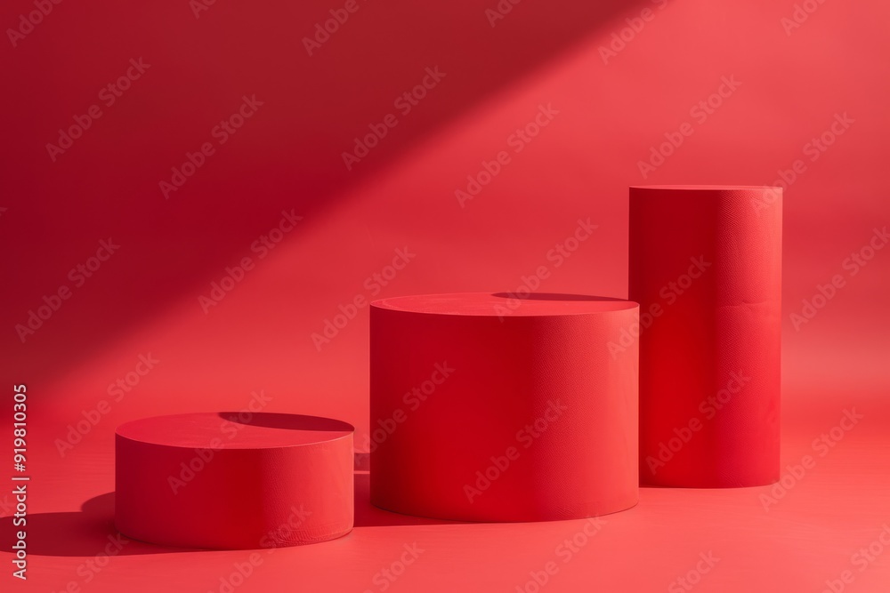 Against a vibrant red background, three podiums of varying heights create a striking display, ideal for photography sessions and presentations, ensuring they stand out beautifully Against a vibrant red background, three podiums of varying heights create a striking display, ideal for photography sessions and presentations, ensuring they stand out beautifully