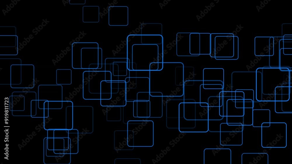 Royal blue color randomly moving squares on black background, simple shapes geometrical background Royal blue color randomly moving squares on black background, simple shapes geometrical background