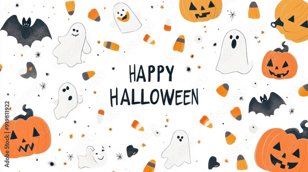 Happy Halloween party invitation card. Composition with pumpkins, ghosts, bats and holiday decorations and sweets on a white background. Happy Halloween party invitation card. Composition with pumpkins, ghosts, bats and holiday decorations and sweets on a white background.