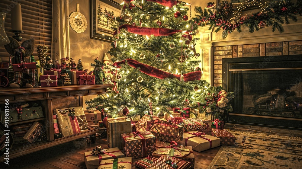 Cozy living room with a decorated Christmas tree surrounded by wrapped gifts during festive holiday season Cozy living room with a decorated Christmas tree surrounded by wrapped gifts during festive holiday season
