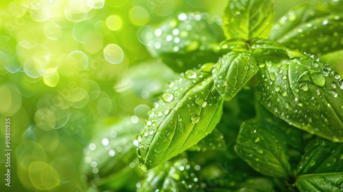 Close-up of dew drops on vibrant green leaves, bathed in soft sunlight. photo