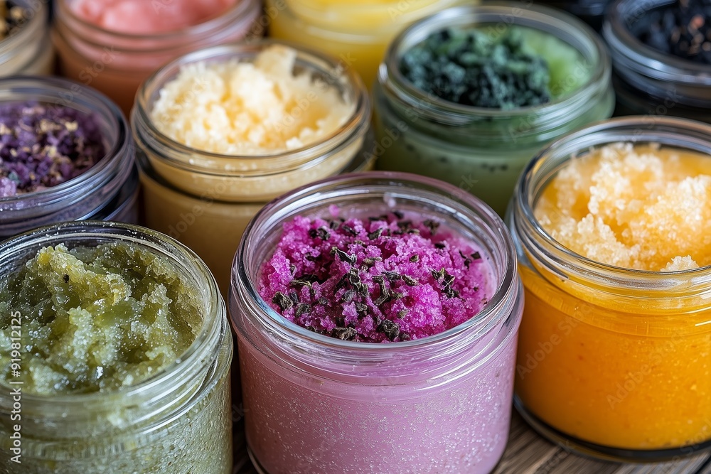 Colorful jars filled with natural scrubs on display at a wellness market