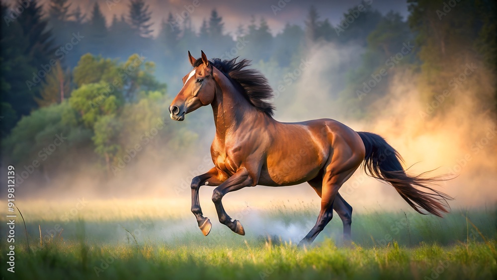 A brown horse gallops across the plain near the forest in the morning fog A brown horse gallops across the plain near the forest in the morning fog