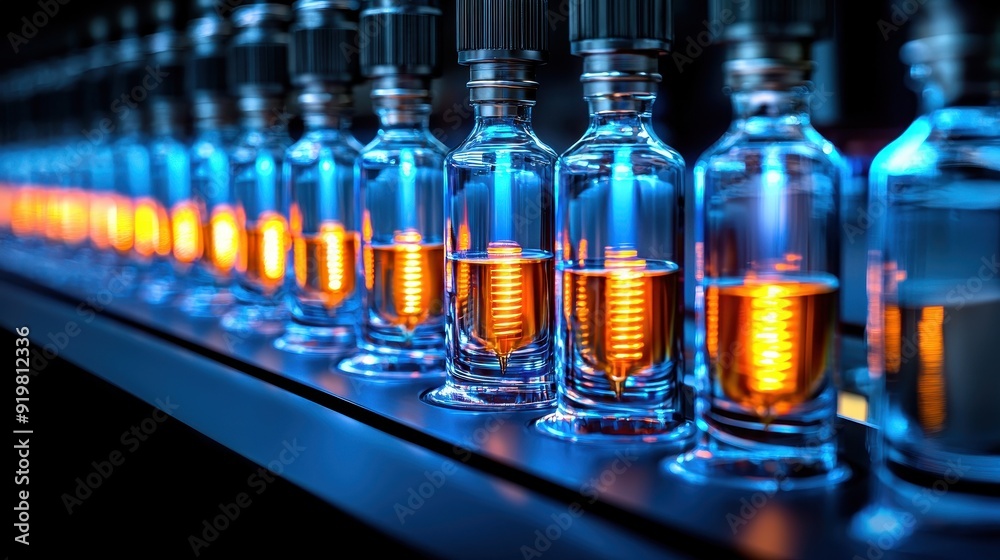 Close-up of glowing vials filled with liquid, showcasing a vibrant color against a dark background, perfect for medical and scientific themes. Close-up of glowing vials filled with liquid, showcasing a vibrant color against a dark background, perfect for medical and scientific themes.