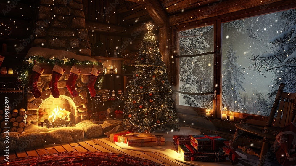 Cozy winter cabin with a decorated Christmas tree and fireplace during snowfall Cozy winter cabin with a decorated Christmas tree and fireplace during snowfall