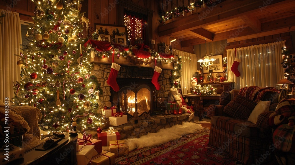 Cozy Christmas living room with a beautifully decorated tree and a warm fireplace glowing during the holiday season Cozy Christmas living room with a beautifully decorated tree and a warm fireplace glowing during the holiday season
