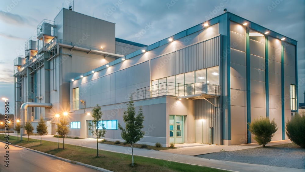 High-tech industrial building at dusk, modern engineering facility High-tech industrial building at dusk, modern engineering facility