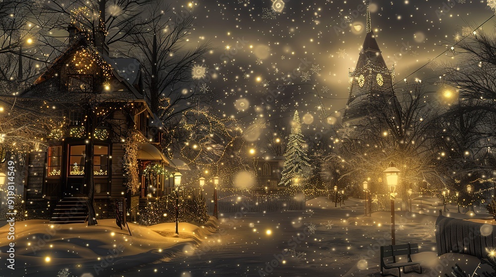 A cozy winter night with falling snowflakes around a charming cottage and illuminated trees in a peaceful village setting A cozy winter night with falling snowflakes around a charming cottage and illuminated trees in a peaceful village setting