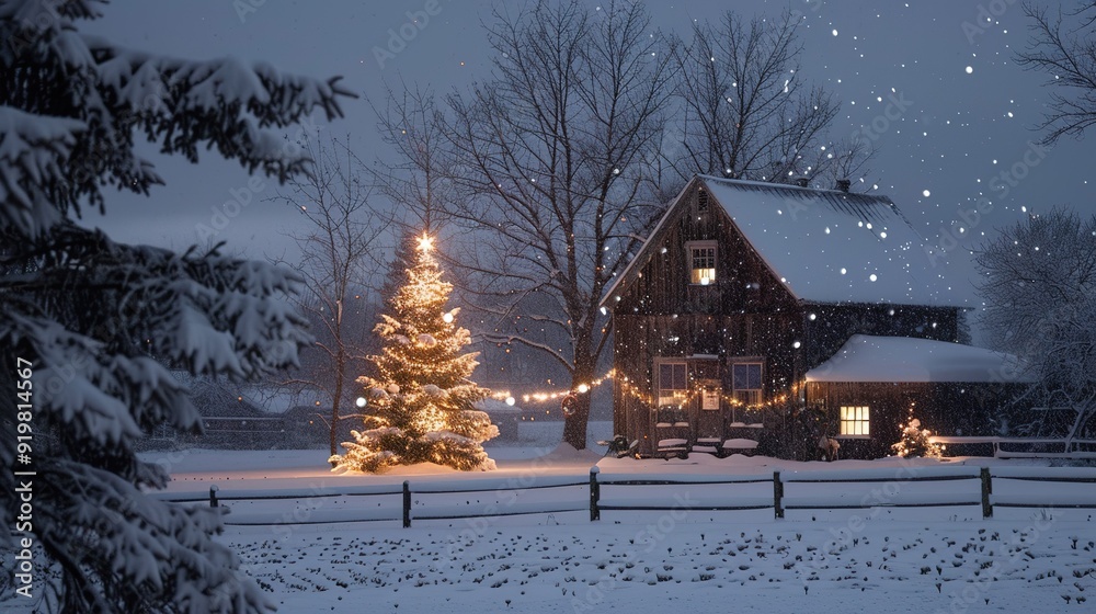 Fototapeta premium Cozy winter cabin with a decorated Christmas tree under falling snow at night